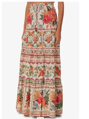 FARM Rio Cream Maxi Skirt with Red, Orange and Green Floral Print